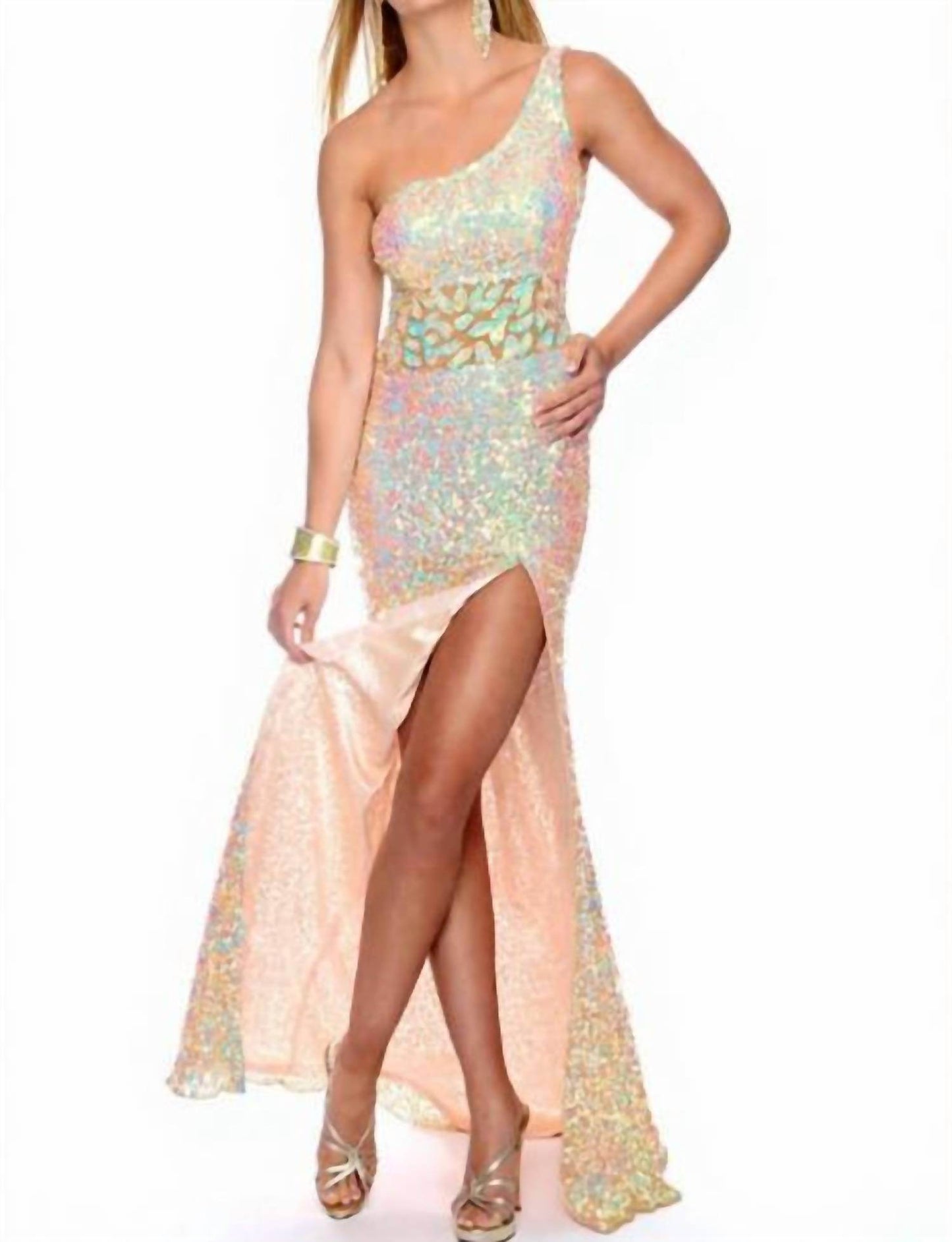 Precious Formals - Sheer-paneled Sequin One-shoulder Gown - Rack Hunt -