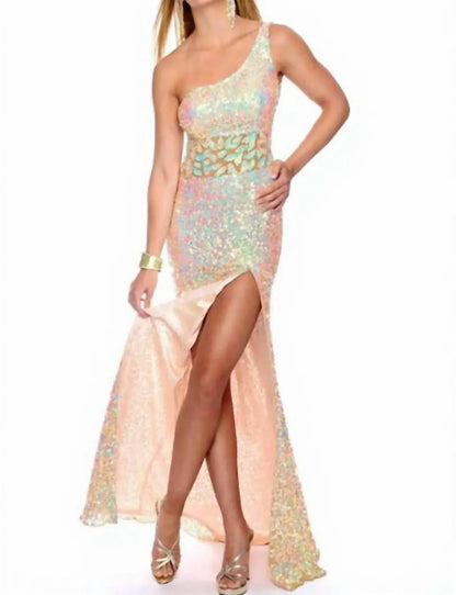 Precious Formals - Sheer-paneled Sequin One-shoulder Gown - Rack Hunt