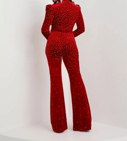 Beaded Velvet Long Sleeve Jumpsuit