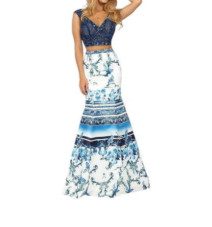 Two-piece Beaded Tulle And Printed Matte Satin Gown