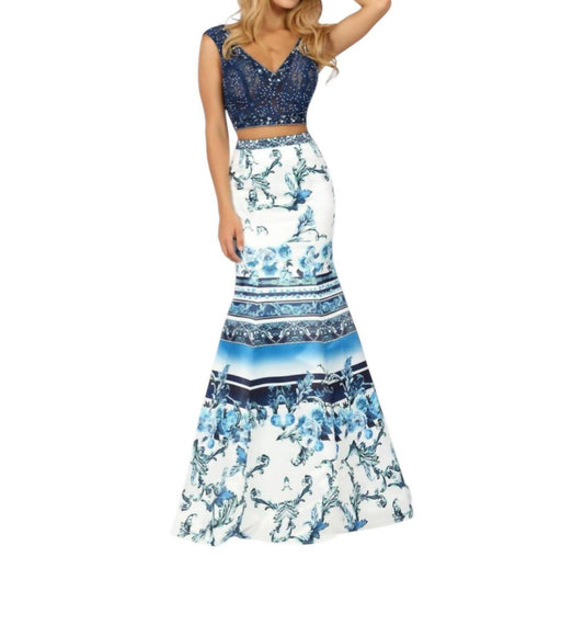 Two-piece Beaded Tulle And Printed Matte Satin Gown