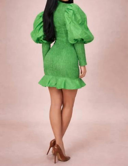 Faux Silk Smocked Puff Sleeve Mini Dress with Ruffle Hem