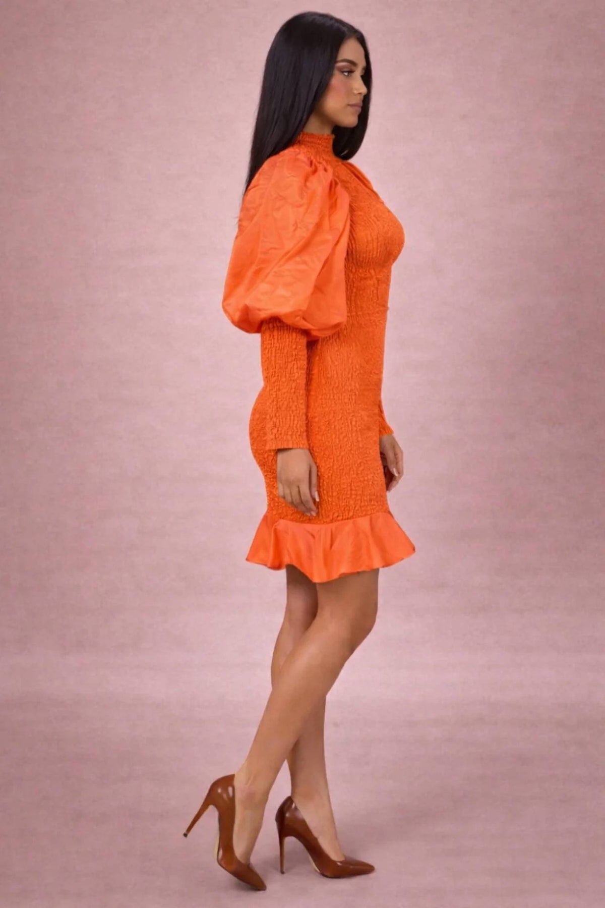 Faux Silk Smocked Puff Sleeve Mini Dress With Ruffle Hem