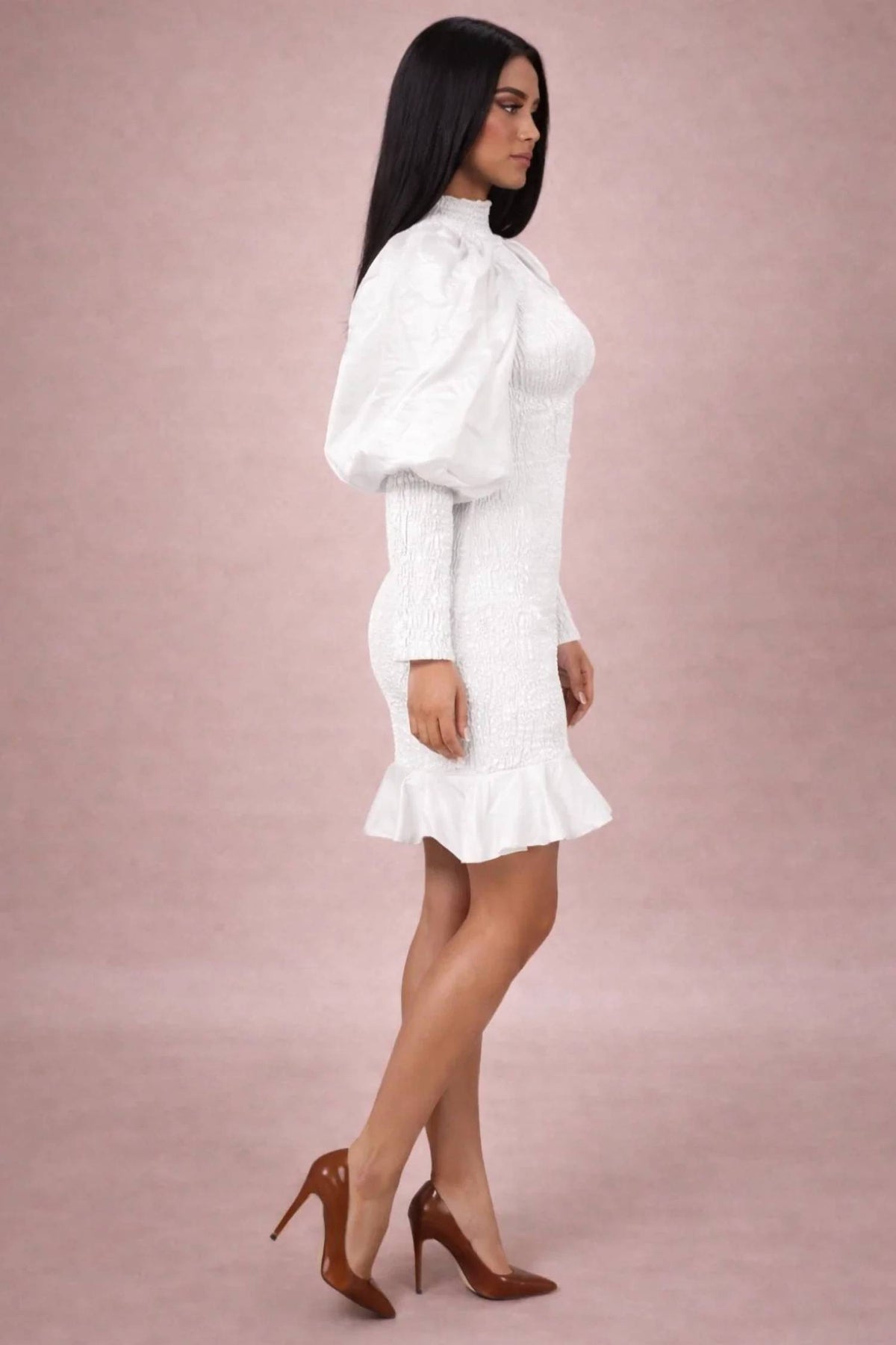Faux Silk Smocked Puff Sleeve Mini Dress With Ruffle Hem