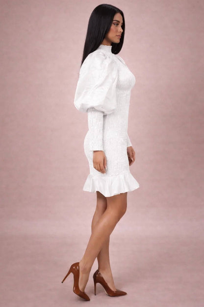 Faux Silk Smocked Puff Sleeve Mini Dress With Ruffle Hem
