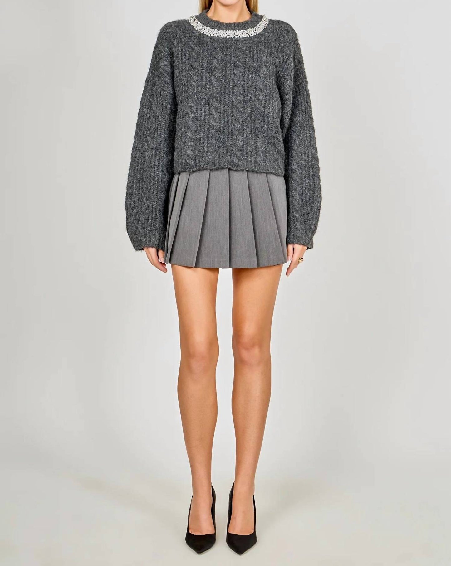 Jewel Embroidered Cable Knit Chunky Sweater