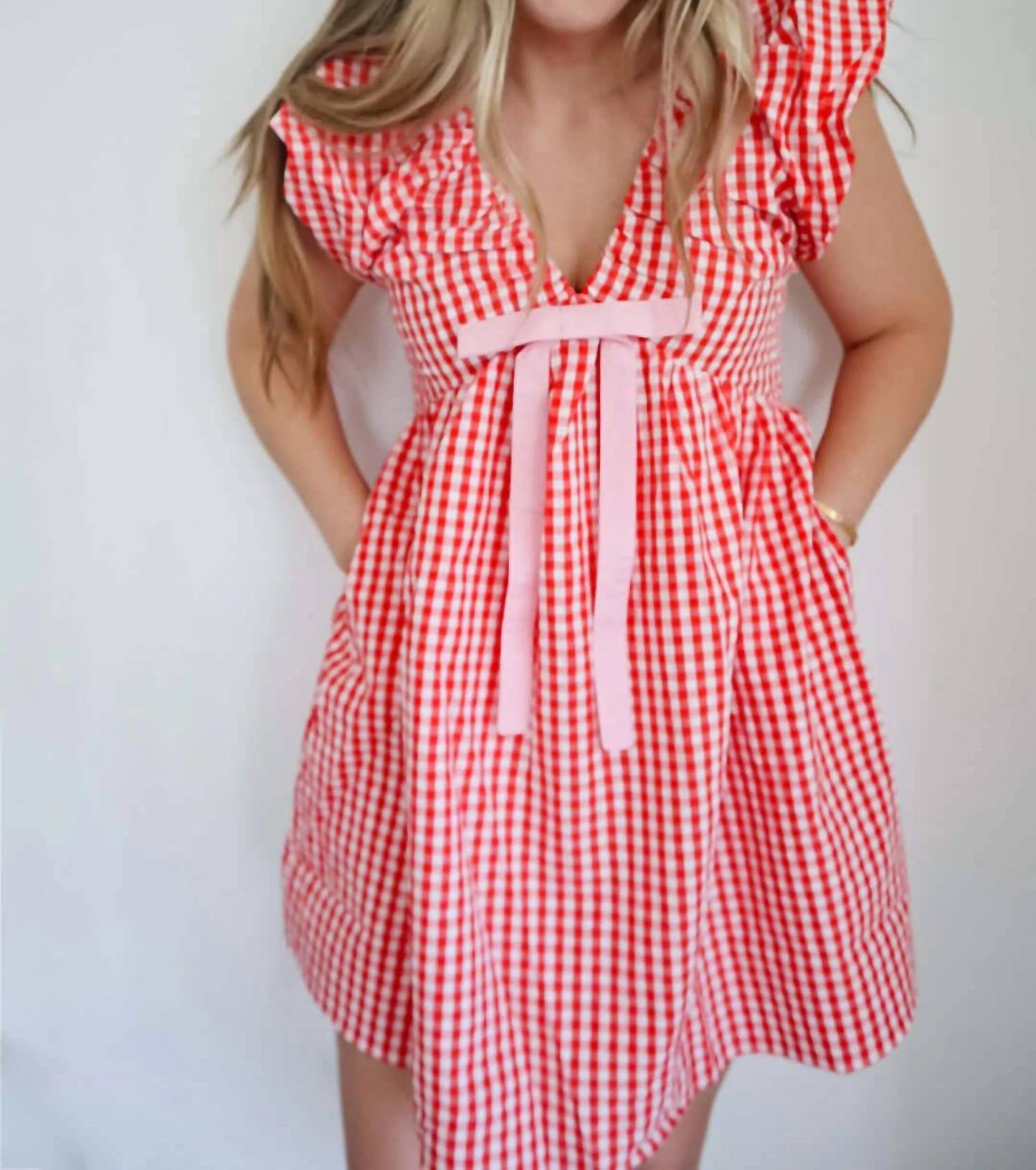 Jenny Gingham Blouson Shoulder Mini Dress