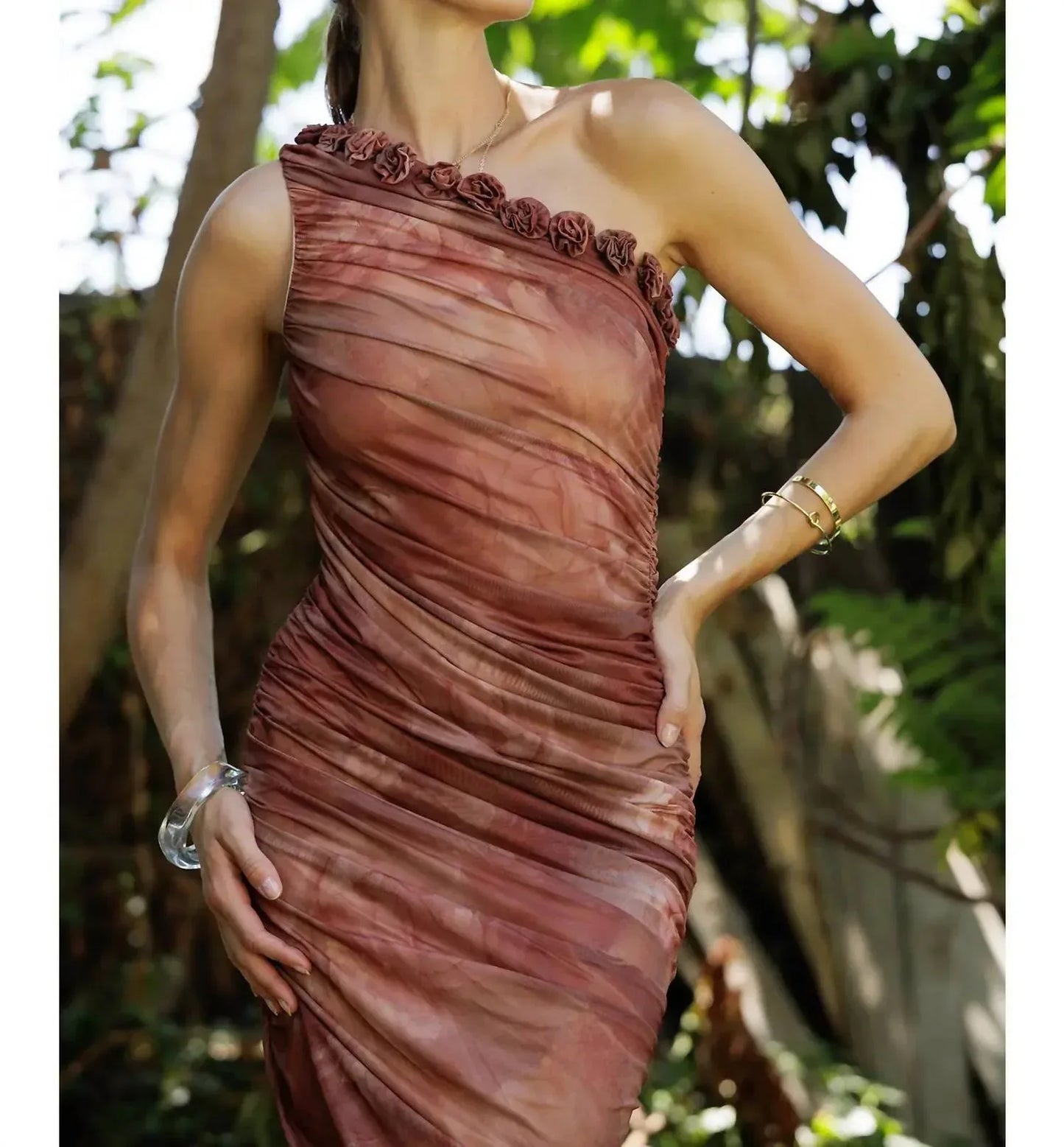 PinkBlush - Floral Ruched Rosette One-shoulder Midi Dress - Rack Hunt