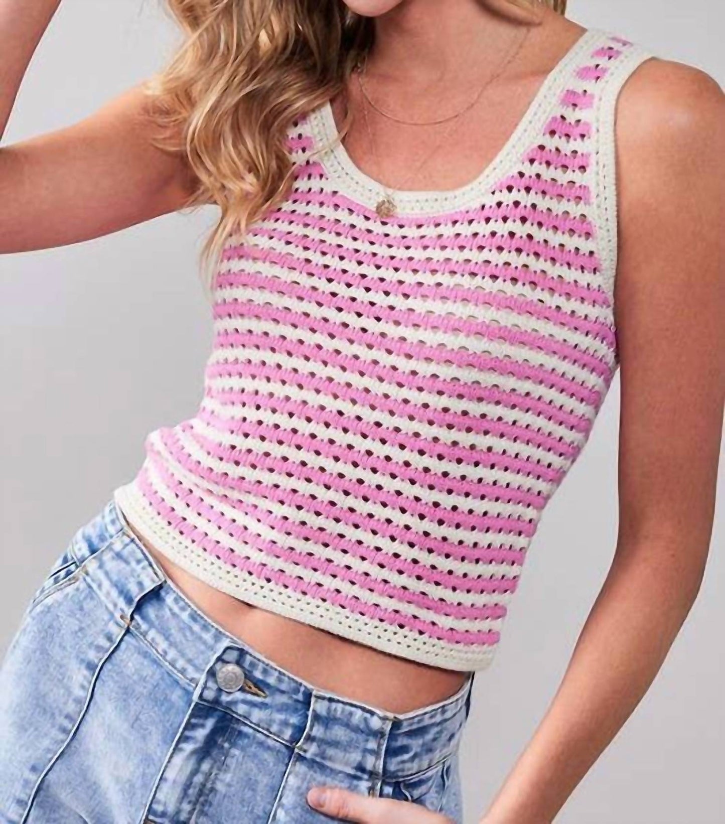 Stripe Crochet Knit Tank Top