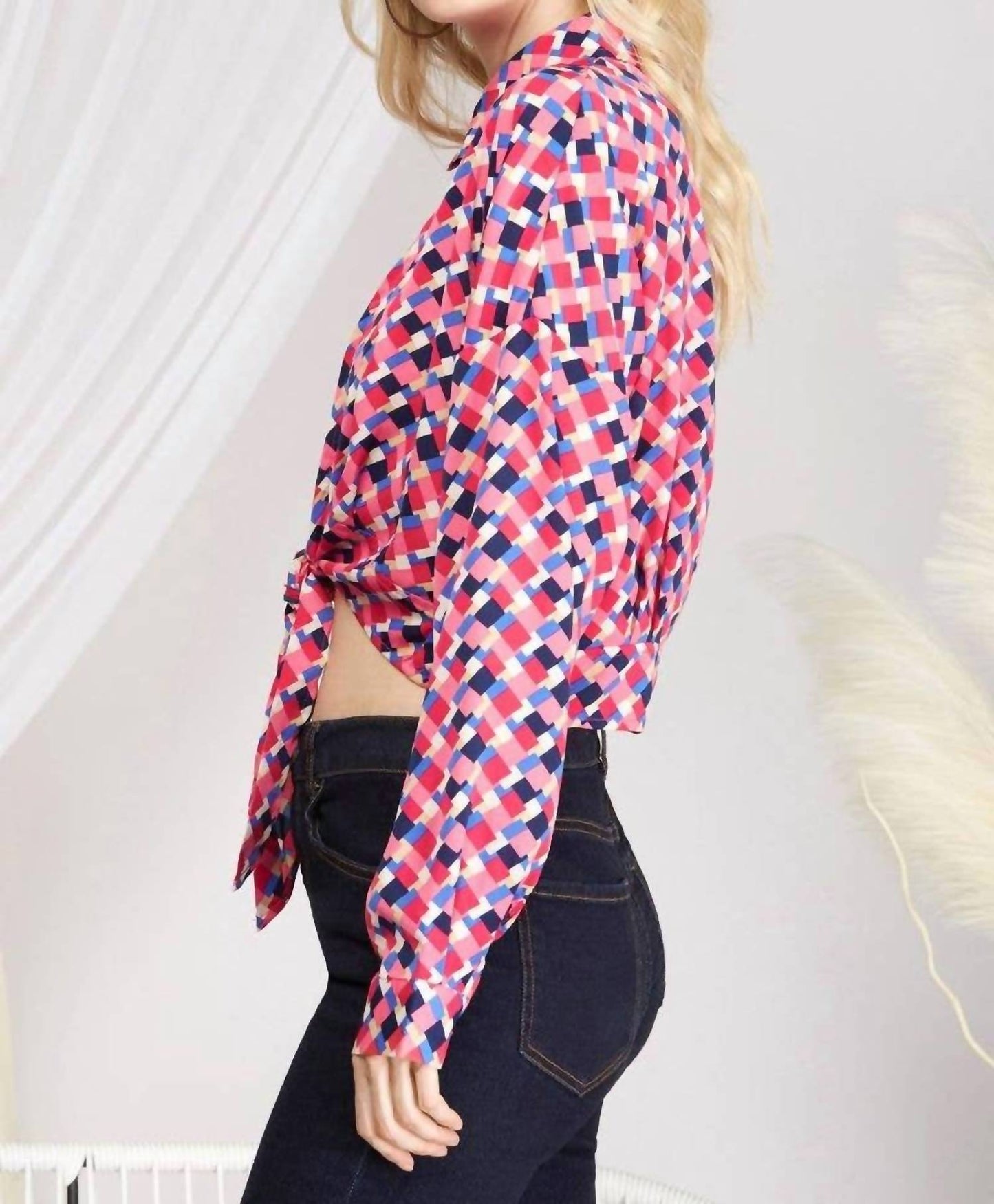 Geo Print Long Sleeves Front-tie Woven Top
