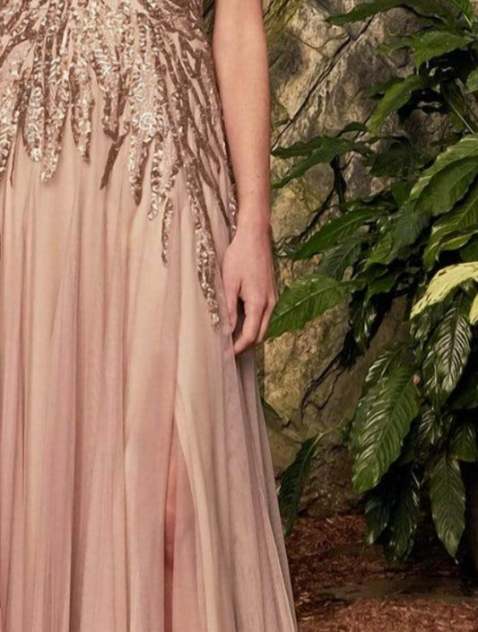 Beaded Bateau A-line Maxi Dress