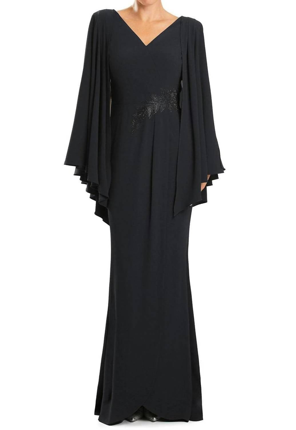 V-neck Long Pleated Sleeve Evening Maxi Dress
