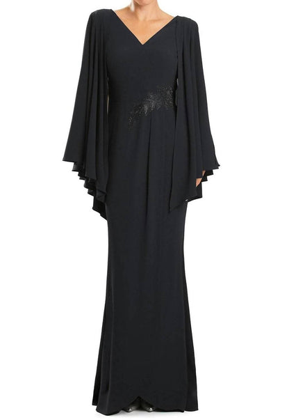 V-neck Long Pleated Sleeve Evening Maxi Dress