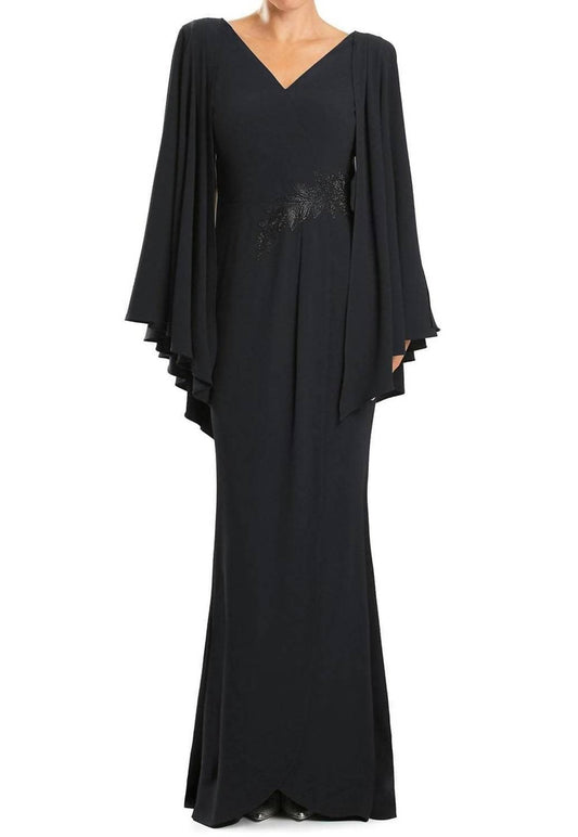 V-neck Long Pleated Sleeve Evening Maxi Dress