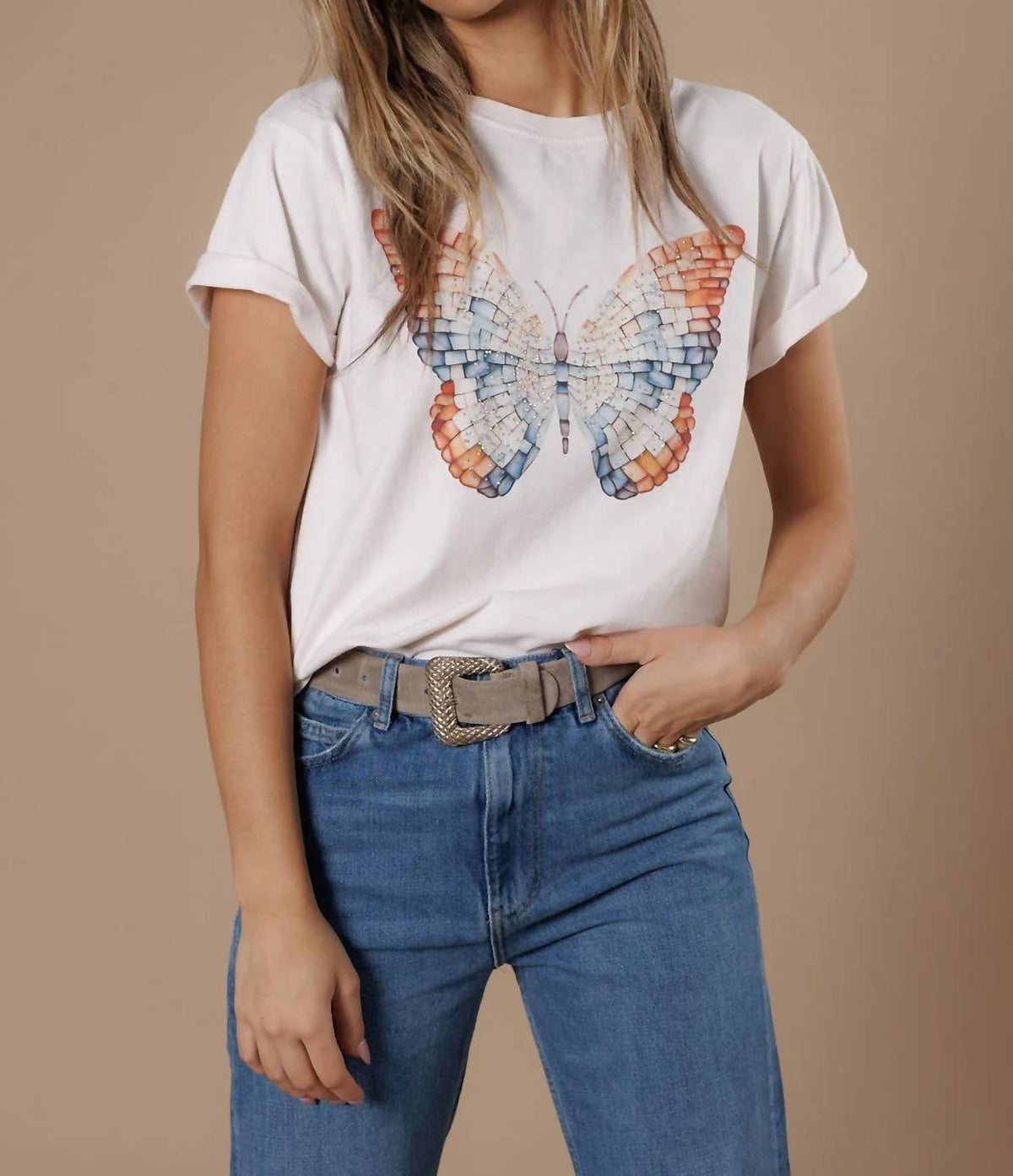 Mosaic Butterfly Boy Rhinestone Graphic T-shirt