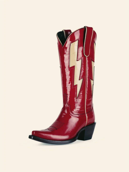 Women's Stitch Snip-toe Mid Calf Cowgirl Boots With Lightning Inlay