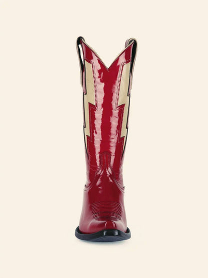 Women's Stitch Snip-toe Mid Calf Cowgirl Boots With Lightning Inlay