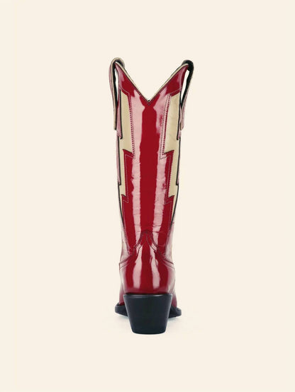 Women's Stitch Snip-toe Mid Calf Cowgirl Boots With Lightning Inlay