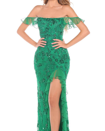 Off-the-shoulder Sequin Embellished Ruffle Dress