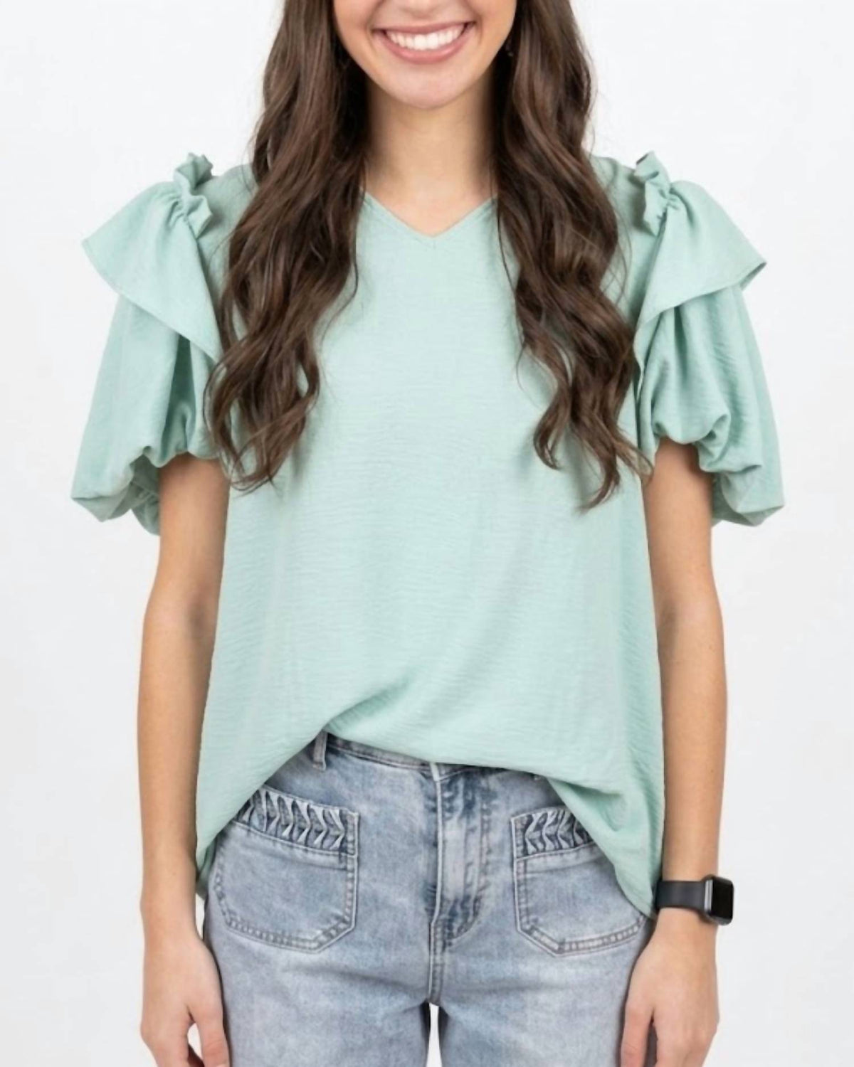Ruffle Collar Flounce Bubble Sleeve Top