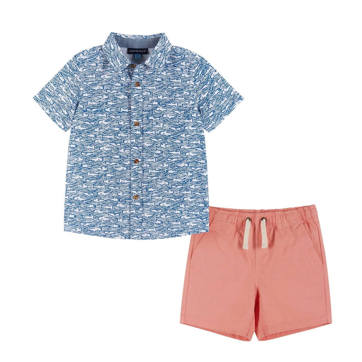 Boys Shark Print Button-down And Short Set