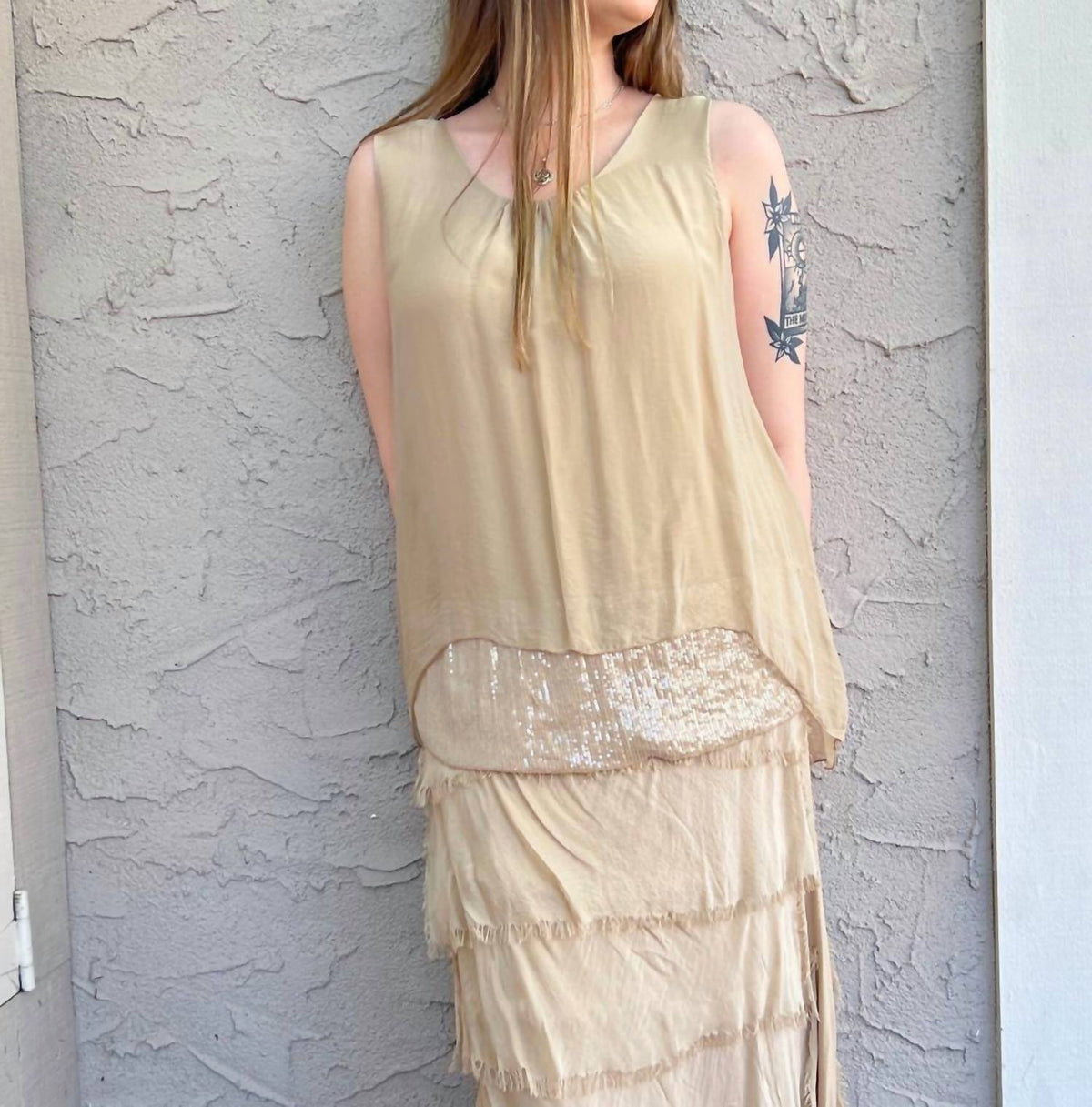 Sleeveless Sequin Band With Silk Camisole