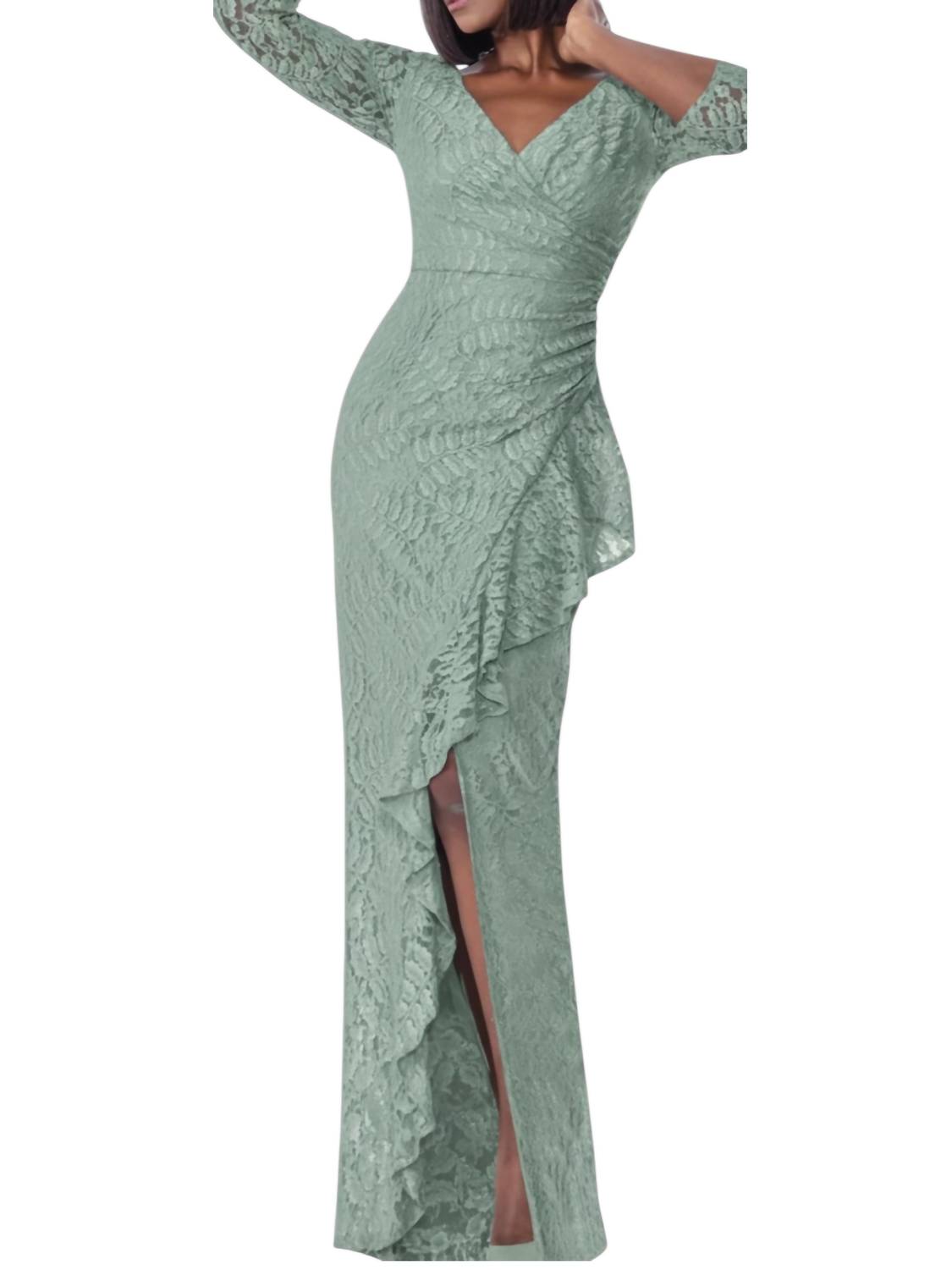 Lace Pleated Waist Flutter Long Evening Dress