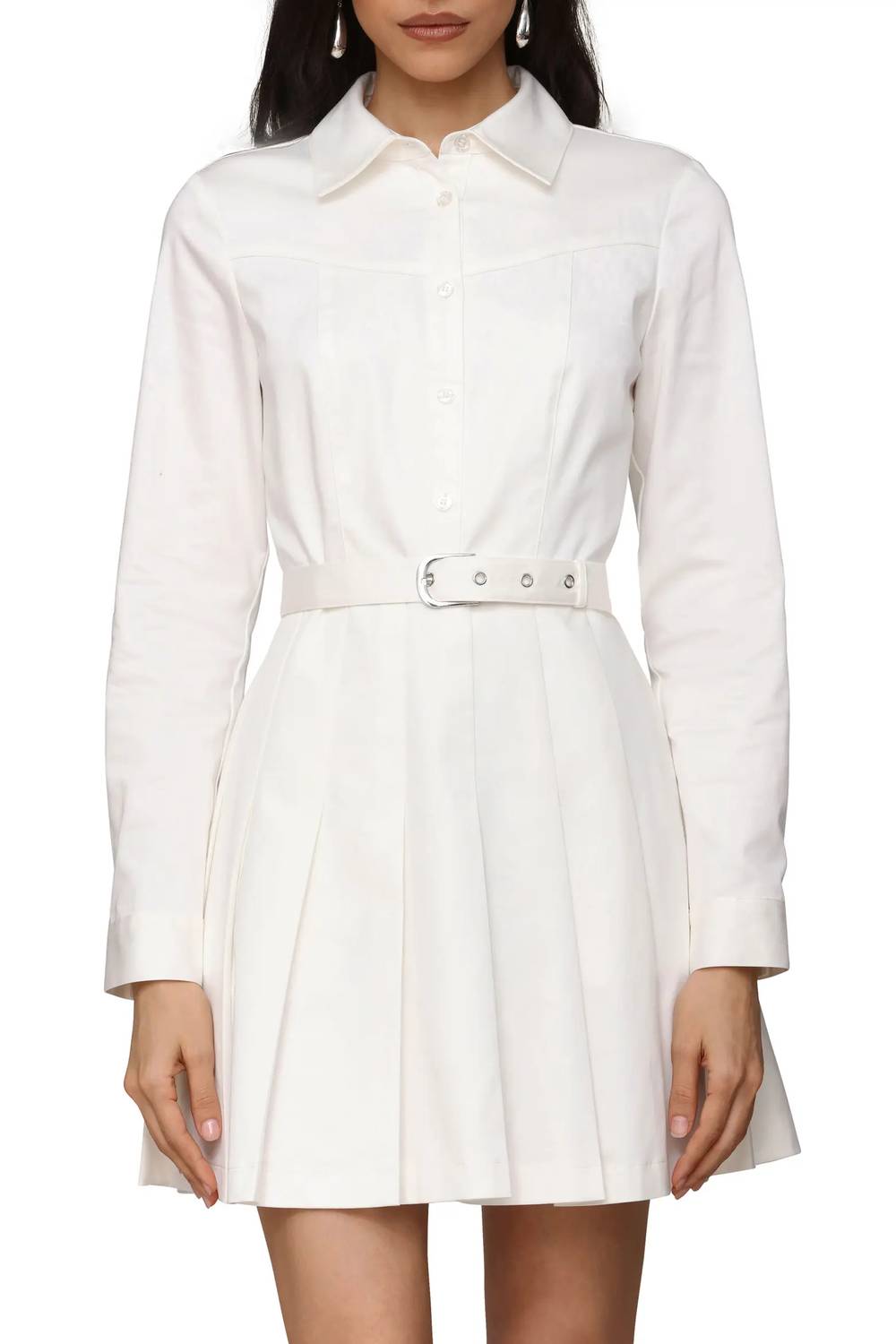 Belted Cotton Blend Pleated Dress