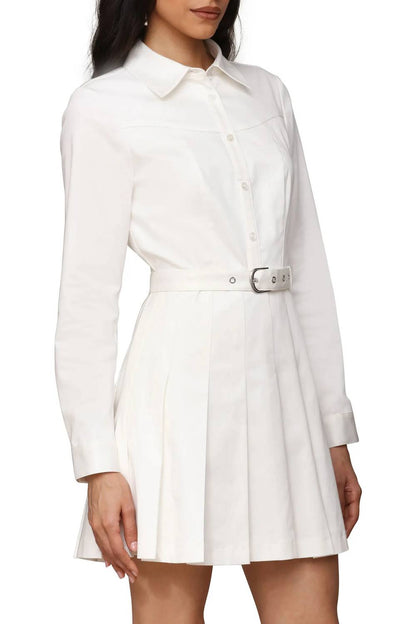 Belted Cotton Blend Pleated Dress