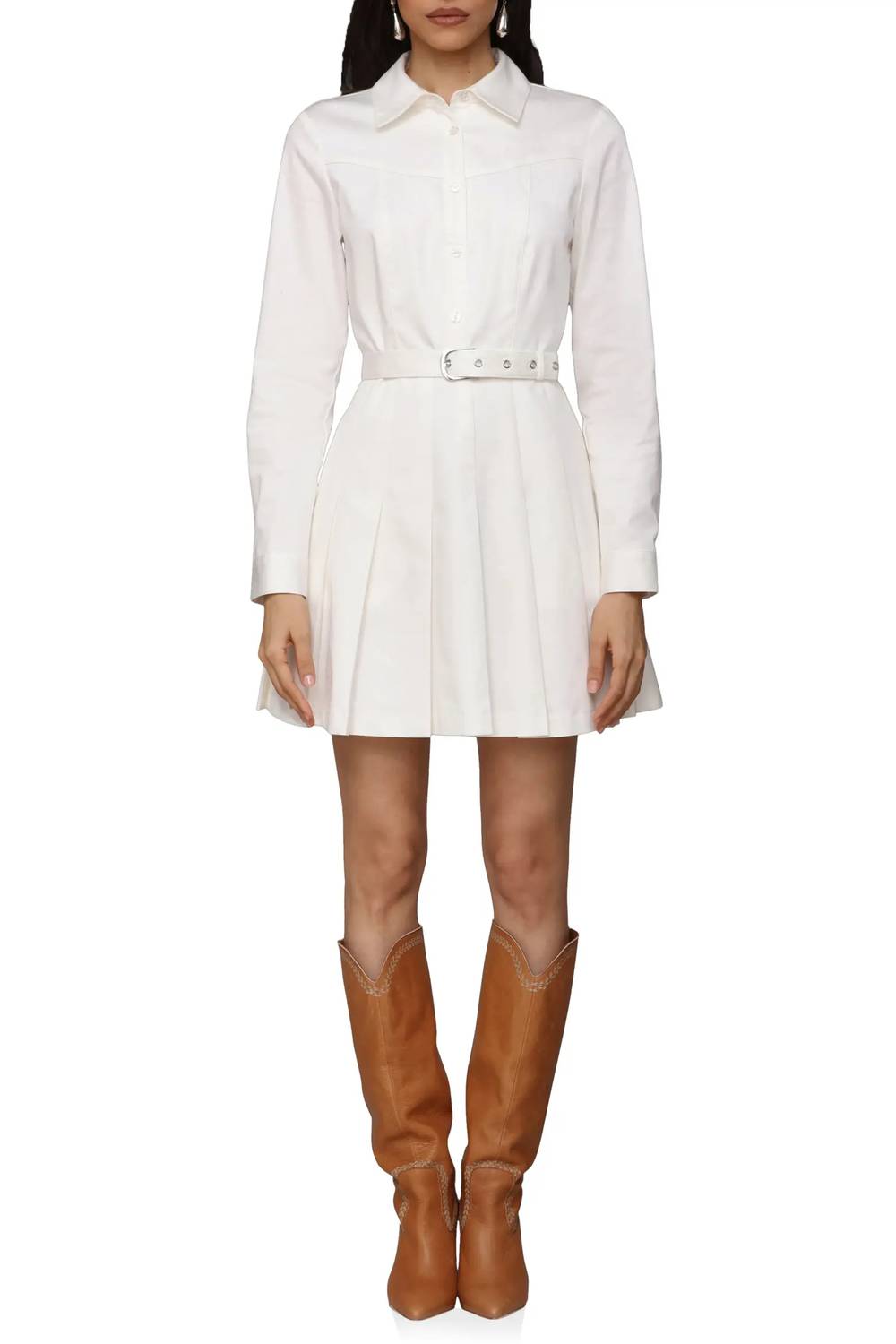 Belted Cotton Blend Pleated Dress