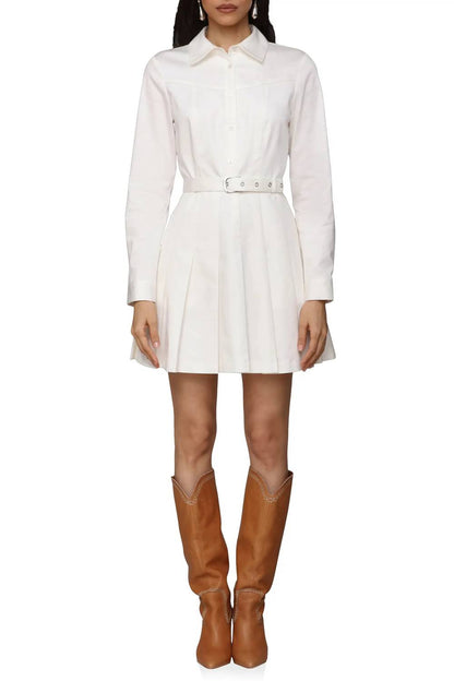Belted Cotton Blend Pleated Dress
