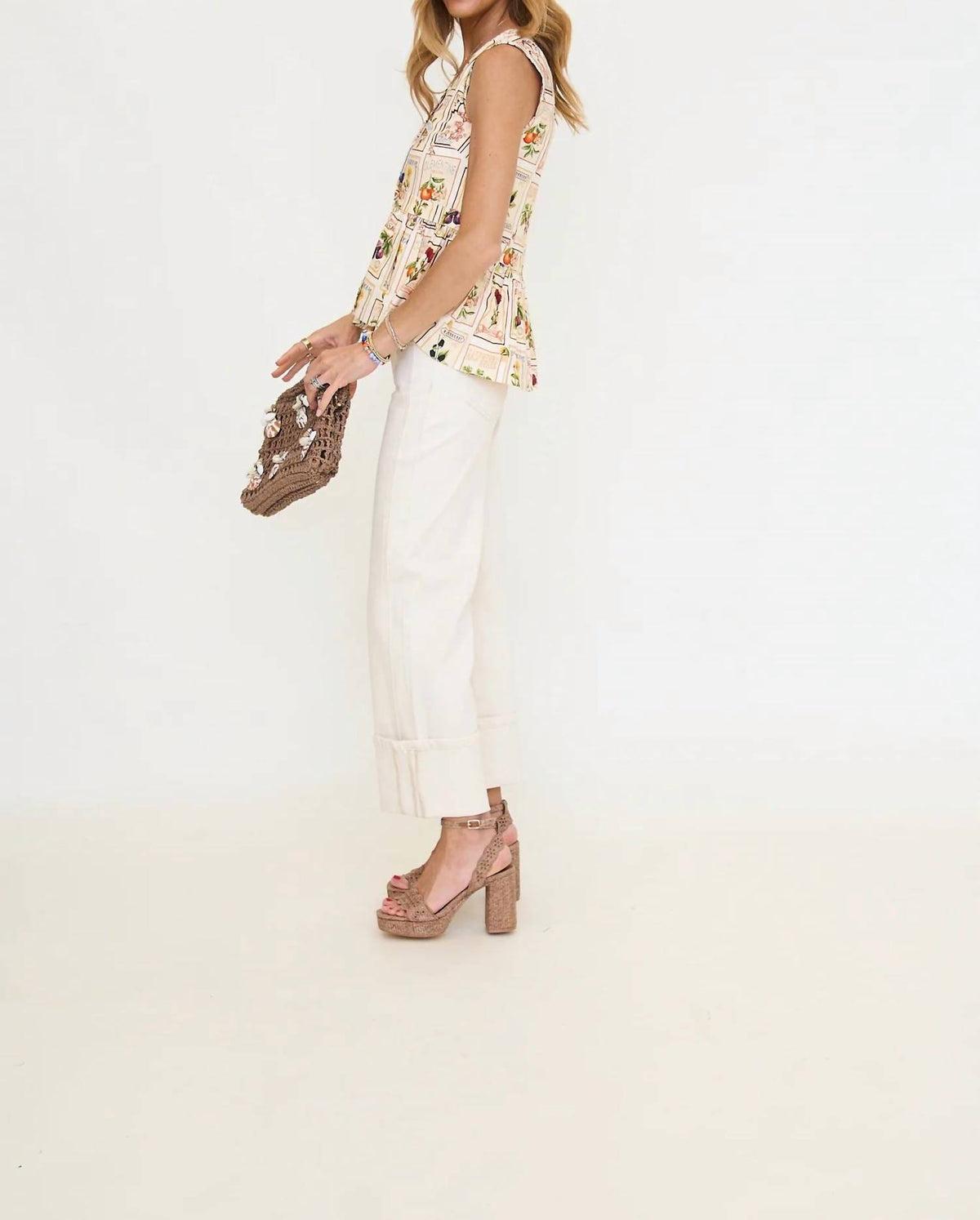 Linen Blend Fruit Floral Peplum Top