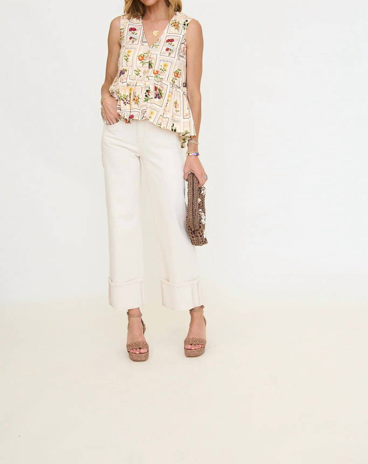 Linen Blend Fruit Floral Peplum Top