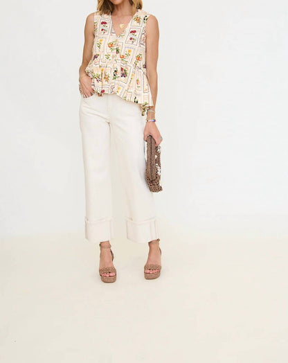 Linen Blend Fruit Floral Peplum Top