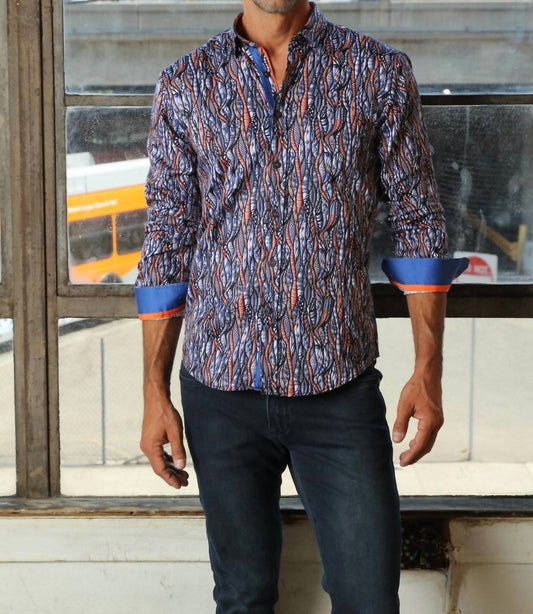 Currents Print Button Down Shirt With Trim