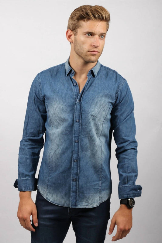 Pattern Stone Wash Denim Button Down Shirt