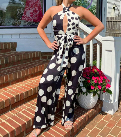O-ring Halter Neck Polka Dot Jumpsuit