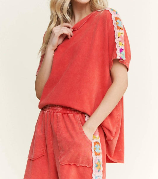 Mineral Washed Crochet Patch Side Trim Knit Shorts