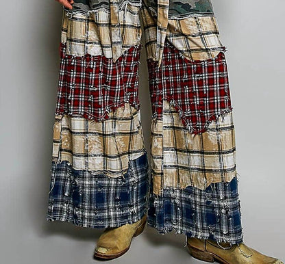 Asymmetrical Patchwork Buckle Back Detail Woven Pants