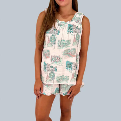 Charleston Scene Ruffle Tank Pajama Short Set