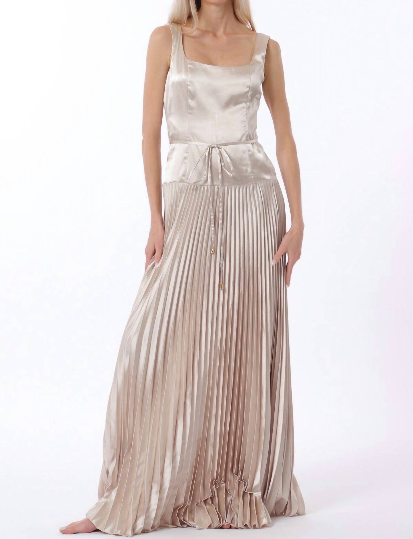 Sleeveless Tie Front Waisted Pleat Maxi Dress