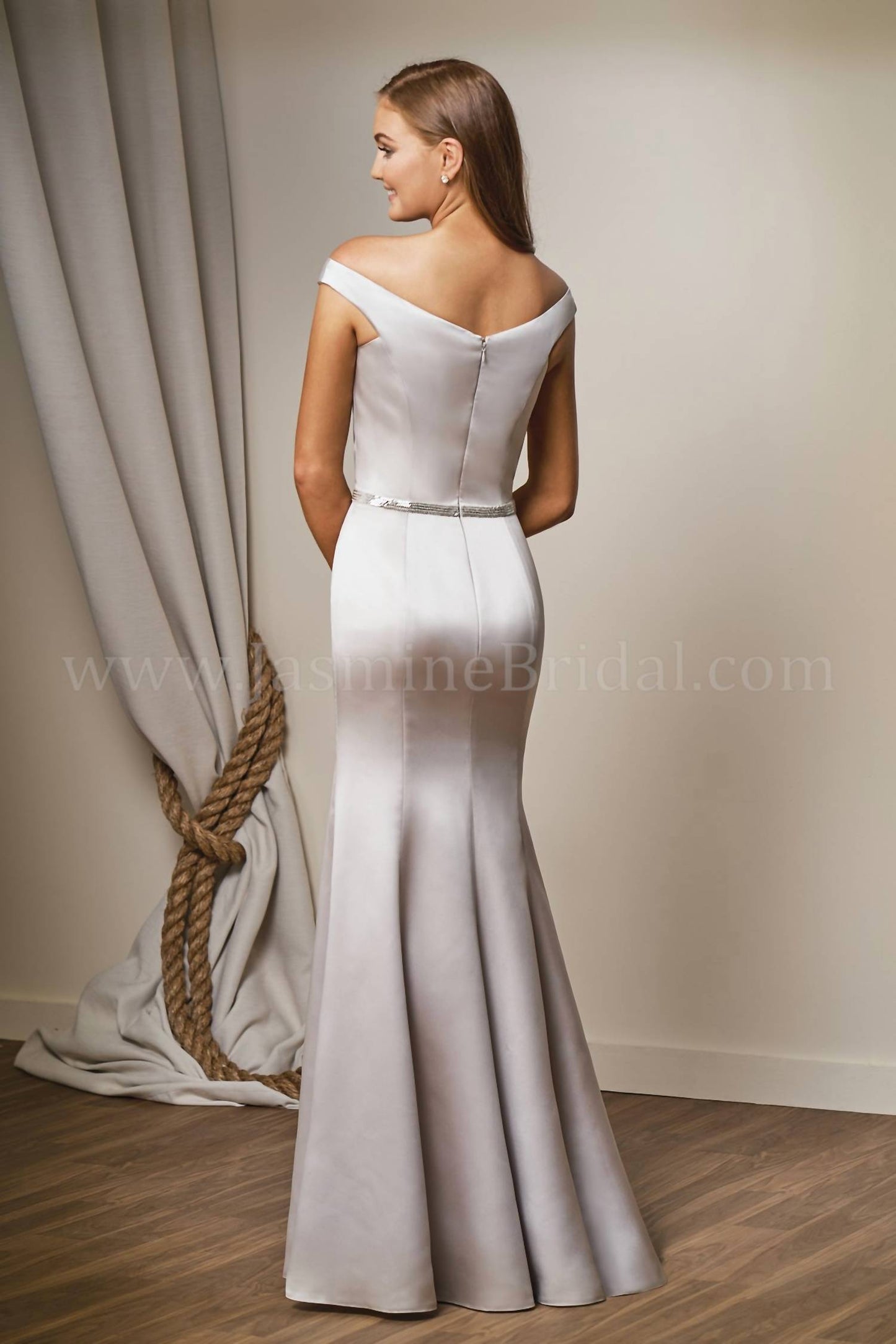 Belsoie Off-The-Shoulder Satin Gown with Belt