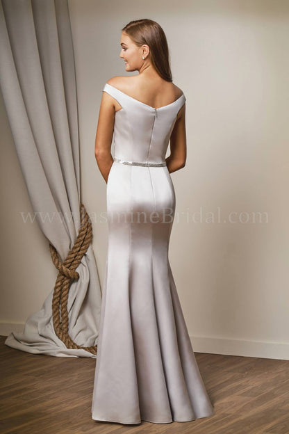 Belsoie Off-The-Shoulder Satin Gown with Belt