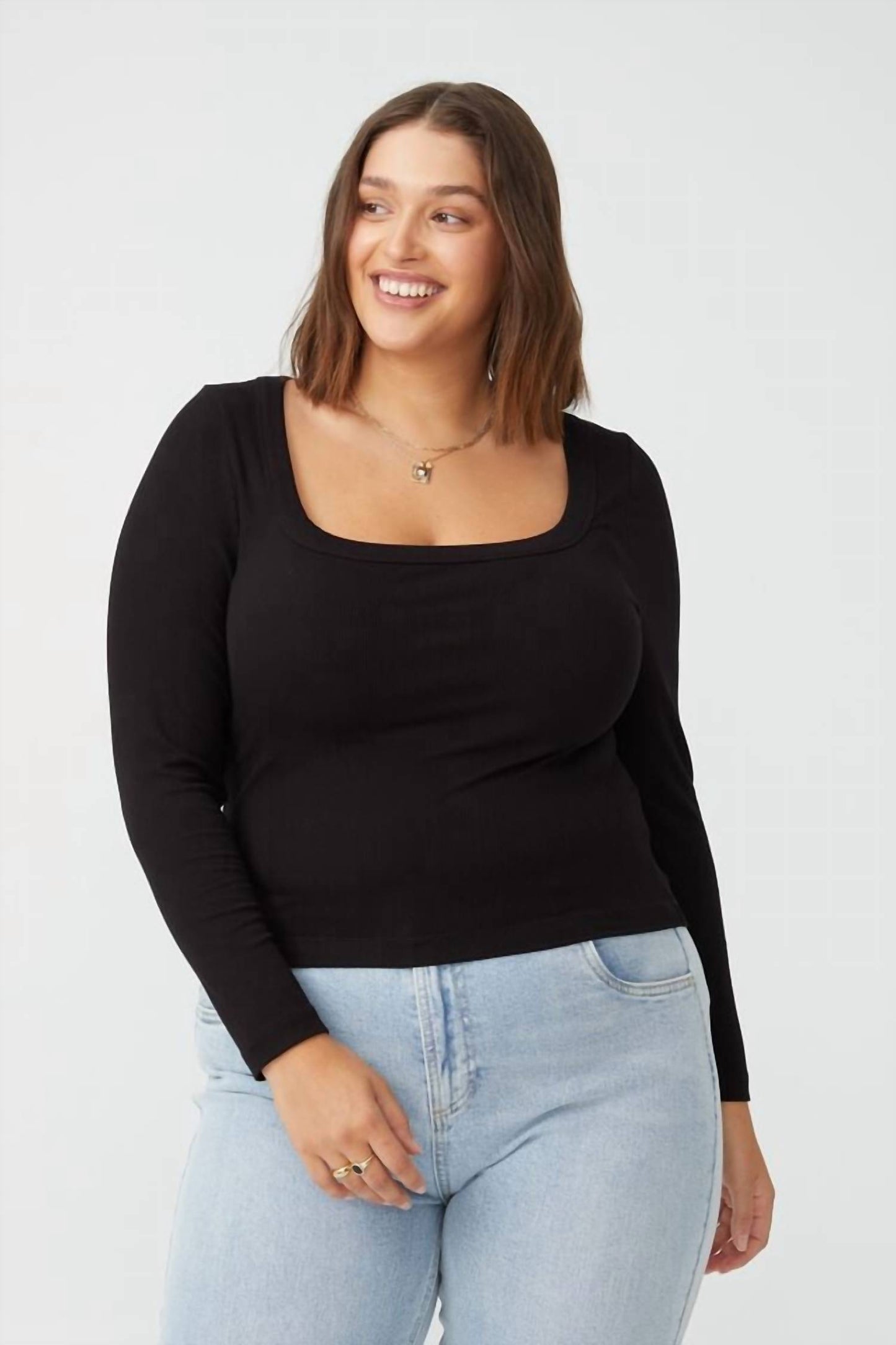 Curve Staple Rib Scoop Neck Long Sleeve Top