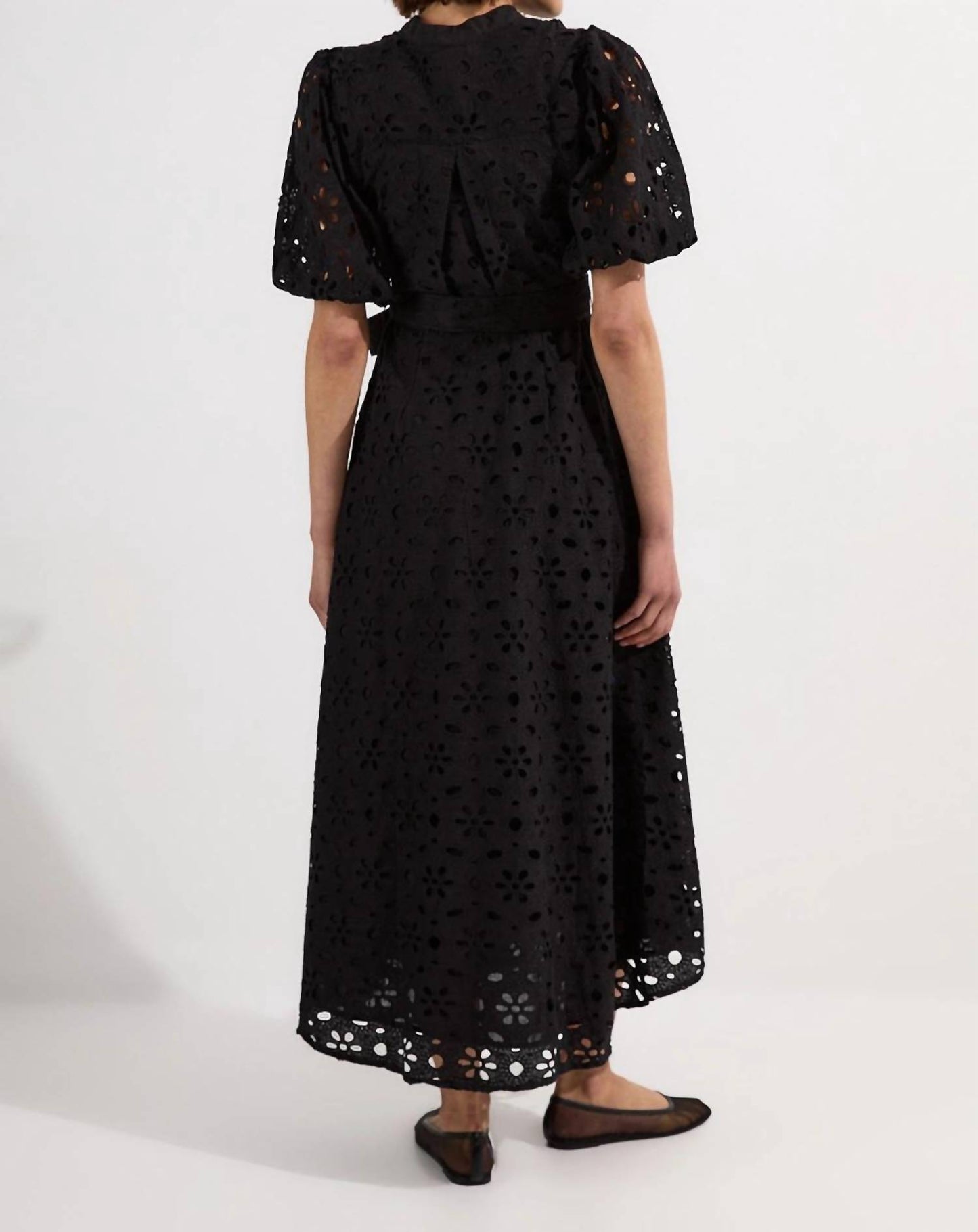 Cotton Broderie Belted Short Sleeve Woven Midi Dress
