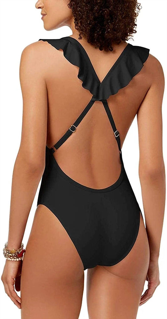 Ruffled Cross Back Cheeky One Piece Swimsuit