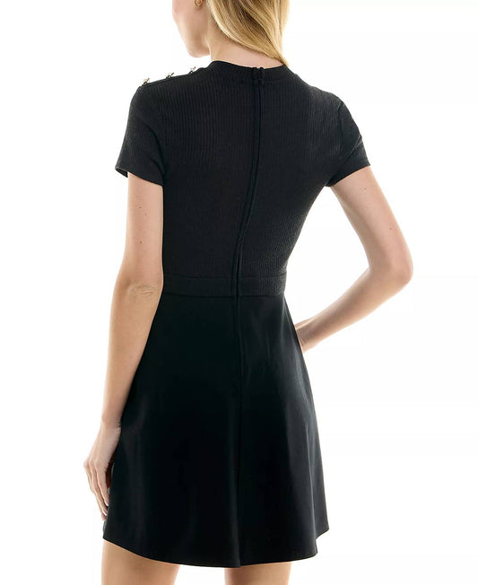 Short-sleeve Button-trim Mini Dress With Button