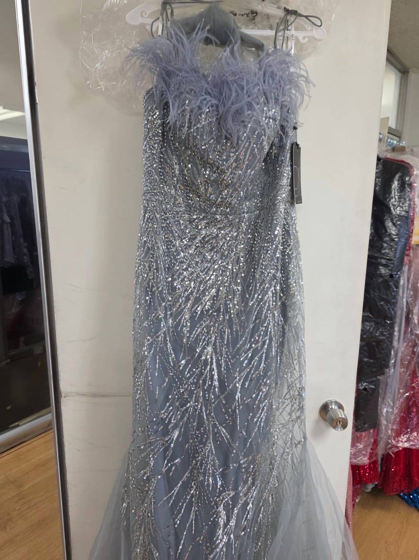 Sequin Print Feather Mermaid Gown