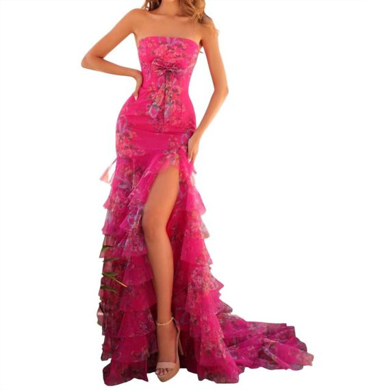 Strapless Floral Gown With Ruffle Skirt Style