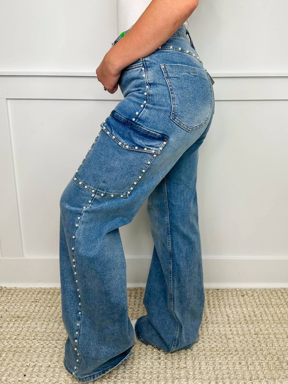 Lauren High-rise Wide Leg Pearl Cargo Jeans